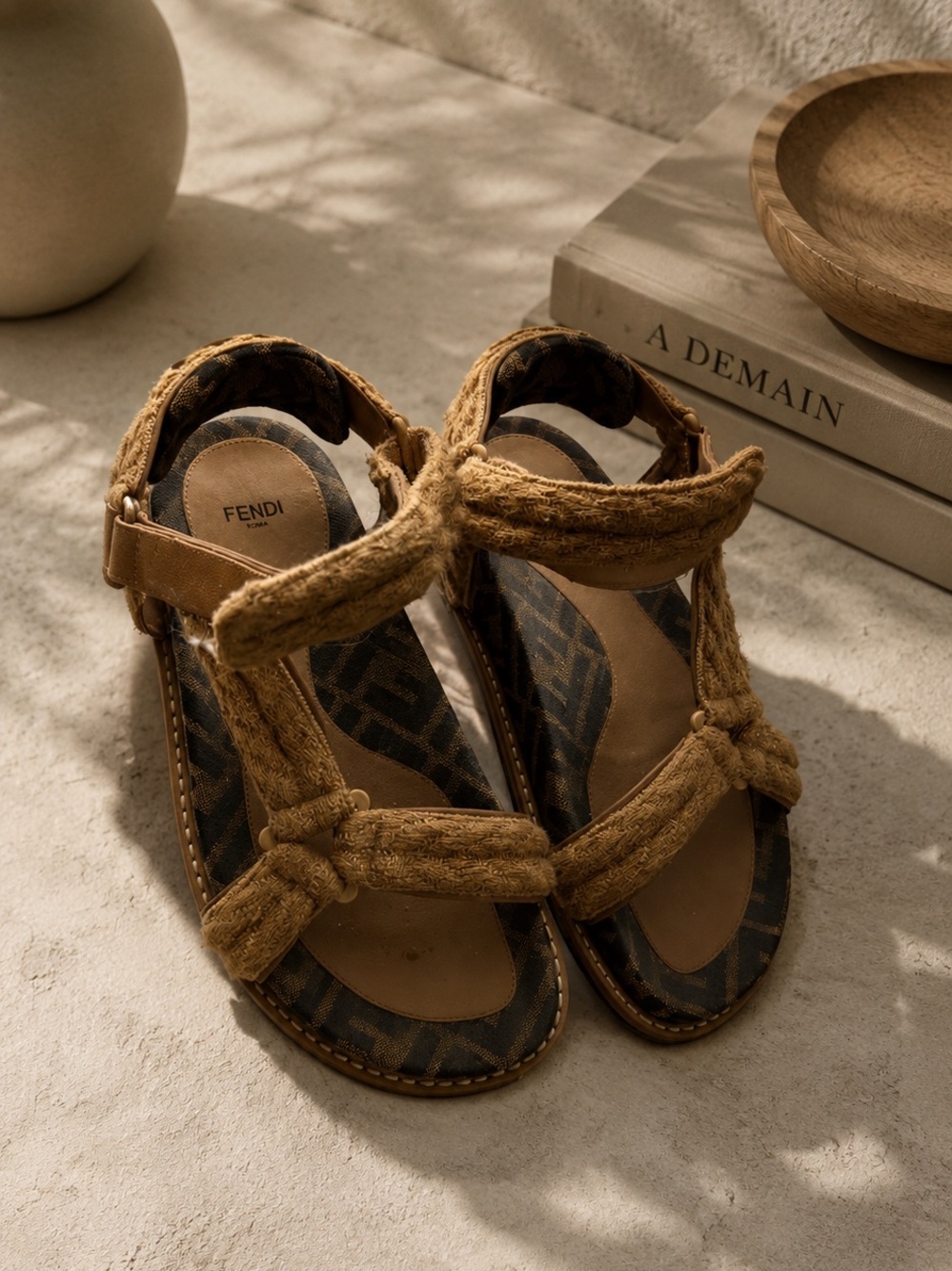 Fendi Tan Brown Monogram Rope-Knot Sandals